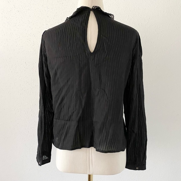 ZARA Woman Size Small Black Peter Pan Collar Chiffon Long Sleeve Blouse Crop Top - Picture 5 of 6